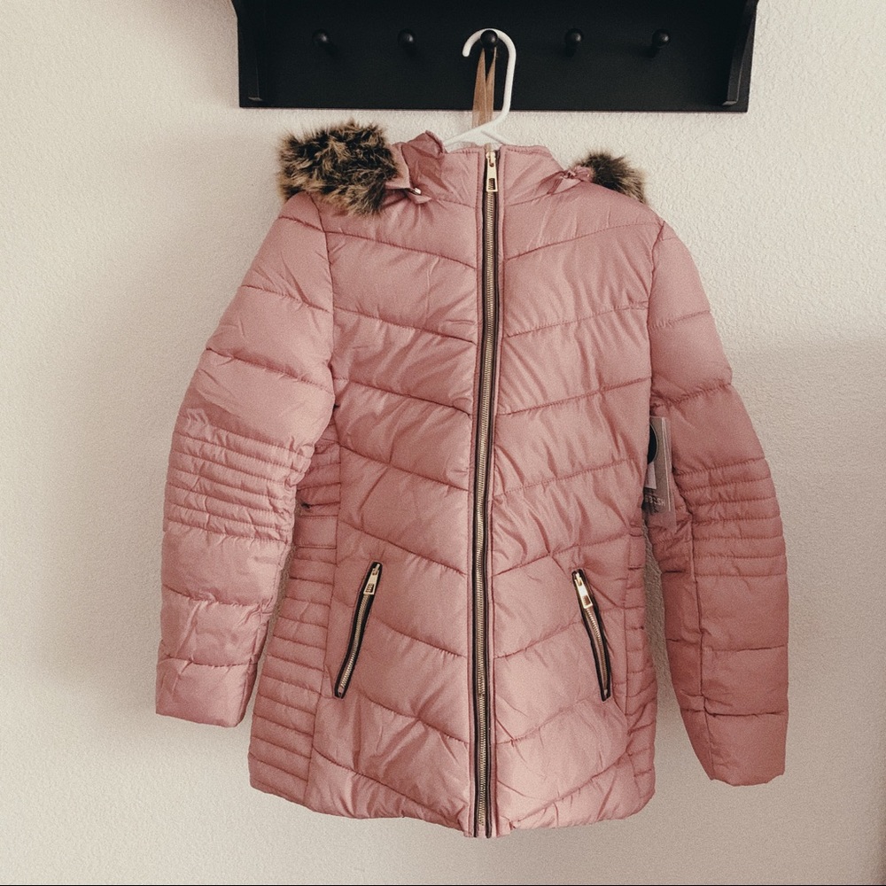 Pink winter coat with fur hood